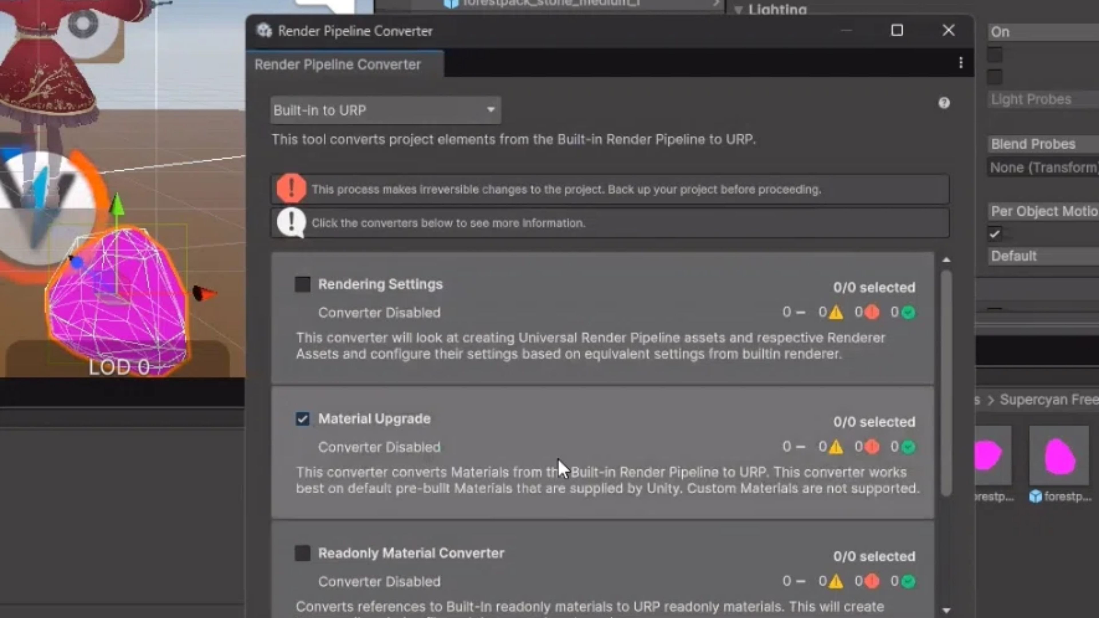 Select Built-In to URP and Material Upgrade